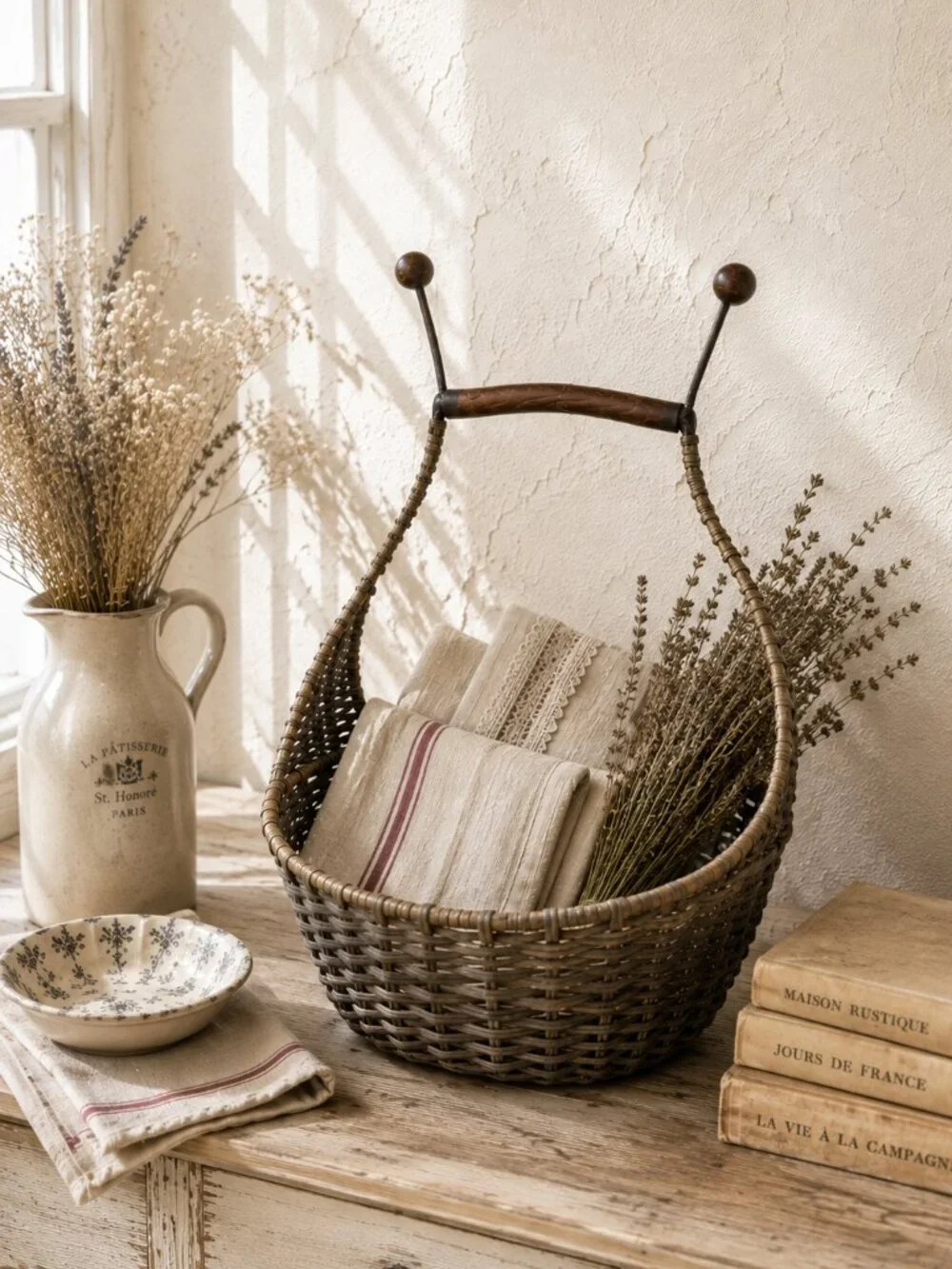 Vintage Woven Wicker & Metal Hanging Wall Basket with Sculptural Handle